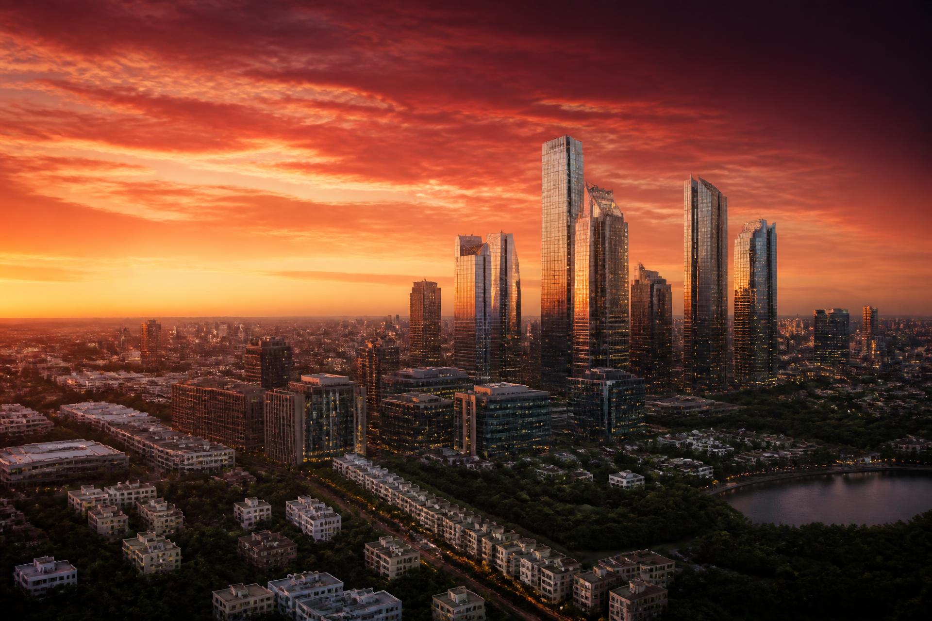 Future Hyderabad skyline at dusk, Neopolis and Financial District towers